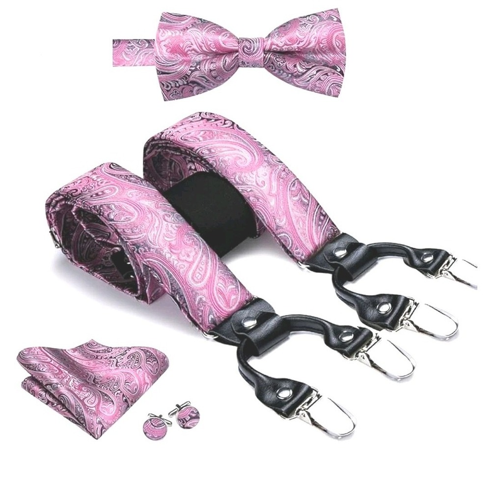 Silk Suspender Set Mens Pink Paisley Pre-tied Bow Tie Pocket Square Cufflinks - Picture 7 of 8